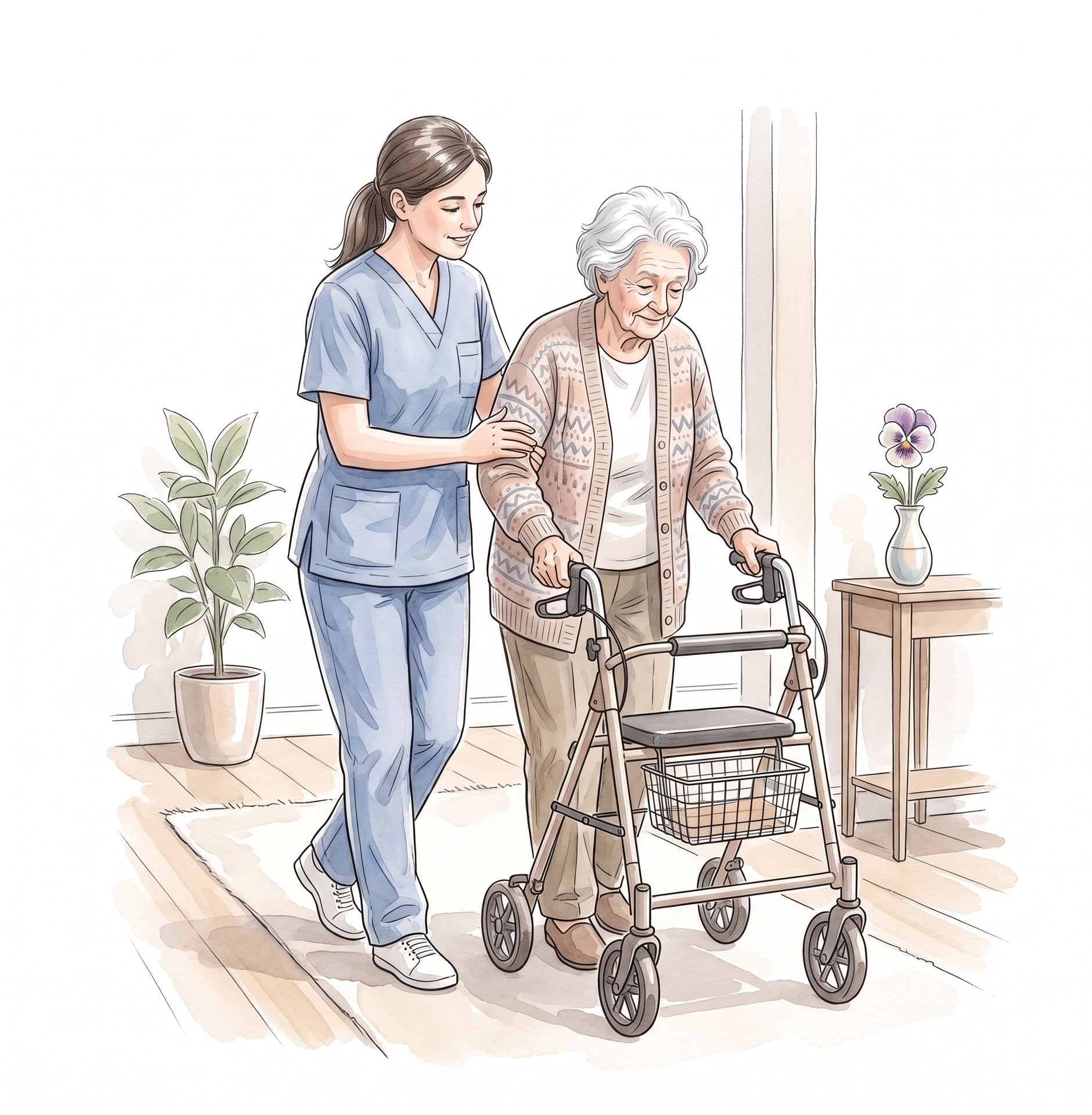 elderly-care-panorama.jpg Caregiver helping senior woman walk safely using a walker at Pansy Elderly Care in Panorama